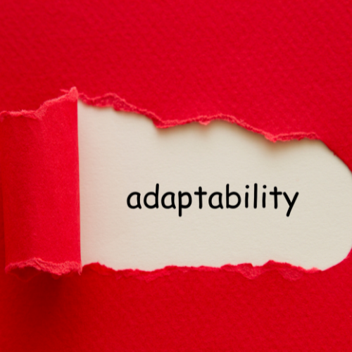 red paper ripped across revealing white paper with the word 'adaptability' written.